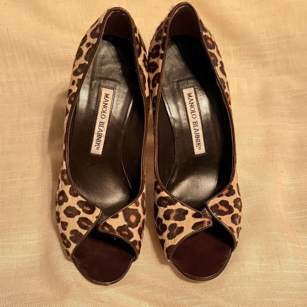 Manolo Blahnik calf hair leopard print peep toe stiletto heels 7 - Picture 6 of 10
